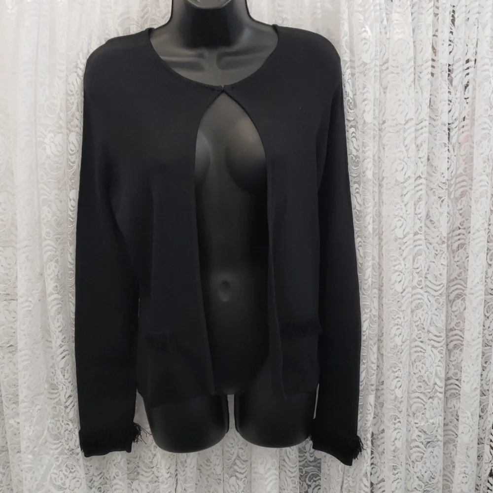 Black Sweater Cardigan with Fringe - Picture 2 of 5